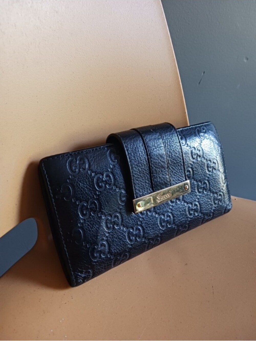 Gucci Black Embossed GG Leather Wallet with Gold Plate
